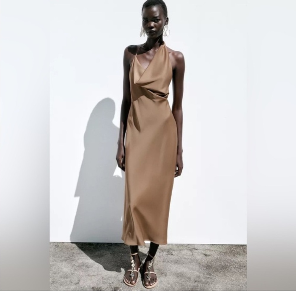Zara Brown Satin Maxi Halter Dress | M